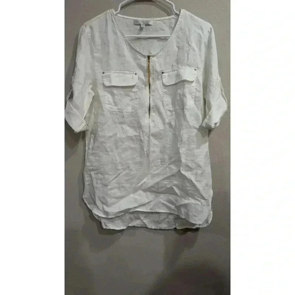 White 100% linen short sleeve top w/ gold zipper by Company Ellen Tracy size S - Picture 1 of 5